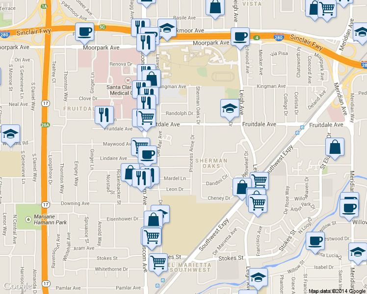 map of restaurants, bars, coffee shops, grocery stores, and more near 2065 Marlboro Court in San Jose