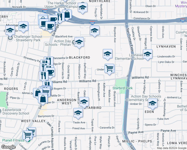 map of restaurants, bars, coffee shops, grocery stores, and more near 955 Temple Drive in San Jose