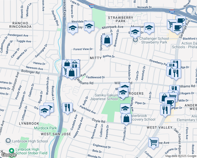 map of restaurants, bars, coffee shops, grocery stores, and more near 4977 Castlewood Drive in San Jose