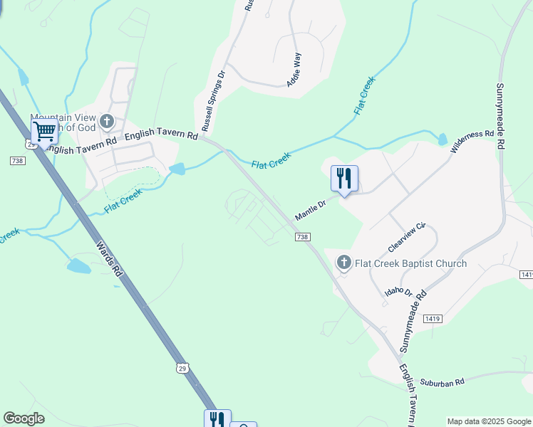 map of restaurants, bars, coffee shops, grocery stores, and more near 1971 English Tavern Road in Lynchburg