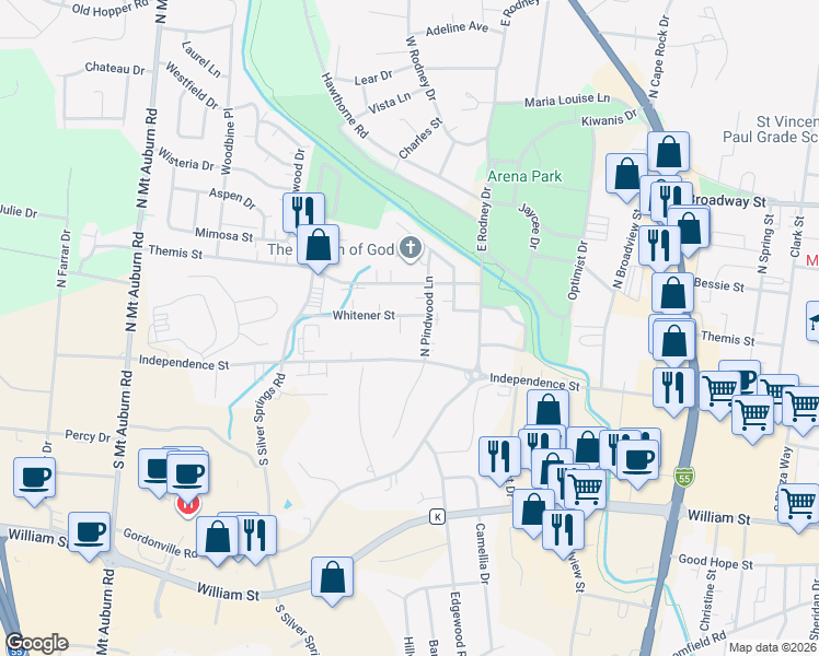 map of restaurants, bars, coffee shops, grocery stores, and more near 2825 Whitener Street in Cape Girardeau
