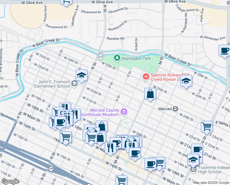 map of restaurants, bars, coffee shops, grocery stores, and more near 828 West 23rd Street in Merced
