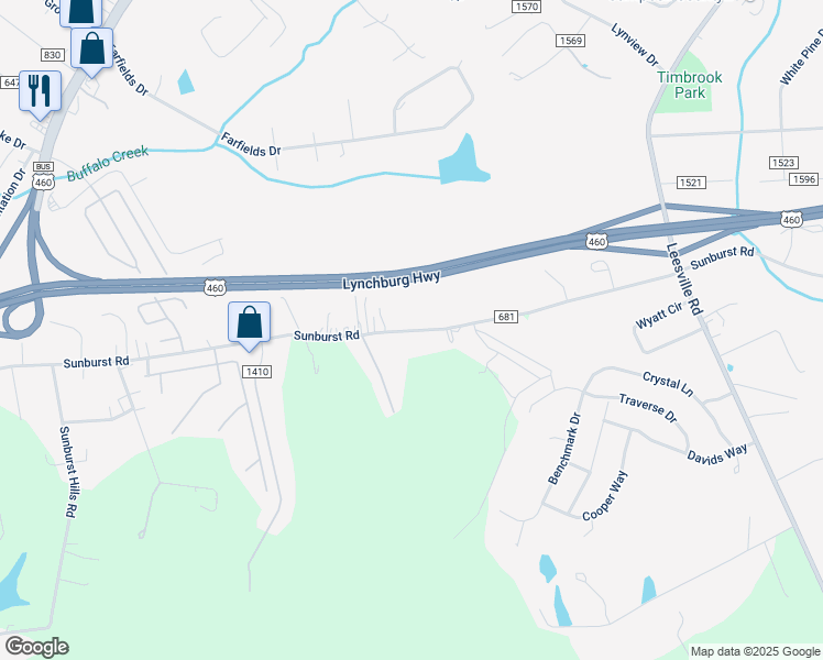 map of restaurants, bars, coffee shops, grocery stores, and more near County Road 681 in Evington