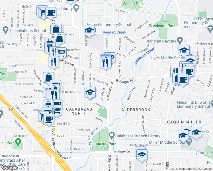 map of restaurants, bars, coffee shops, grocery stores, and more near 1024 Cynthia Lane in San Jose