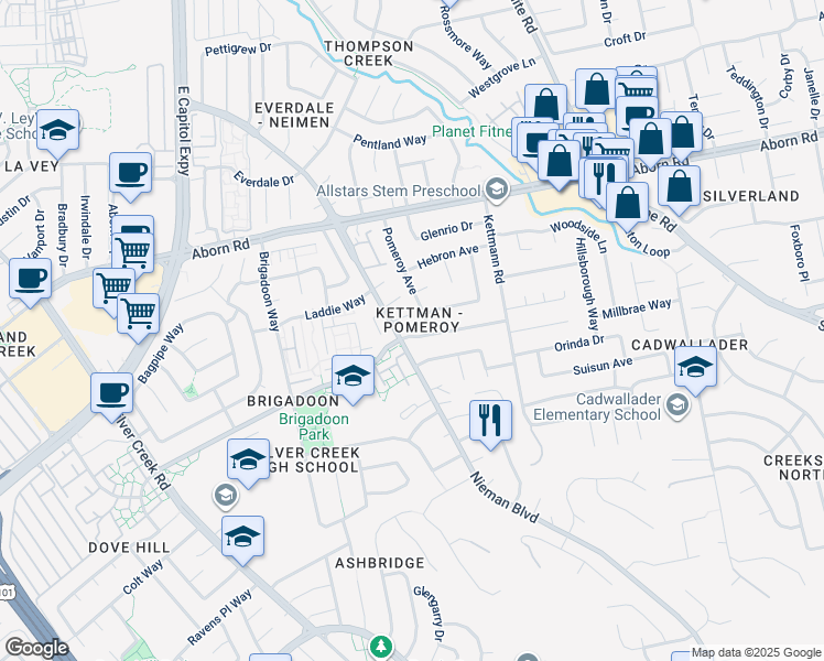 map of restaurants, bars, coffee shops, grocery stores, and more near in San Jose