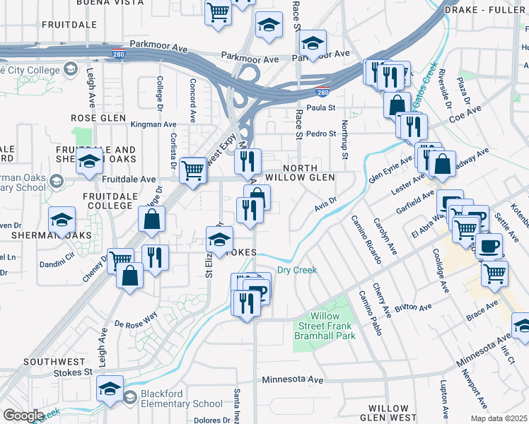 map of restaurants, bars, coffee shops, grocery stores, and more near 950 Meridian Avenue in San Jose