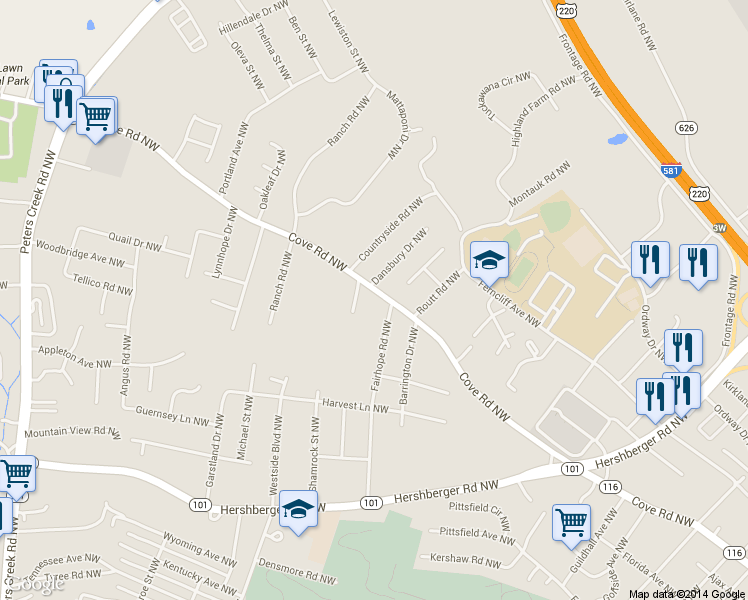 map of restaurants, bars, coffee shops, grocery stores, and more near 3816 Cove Road Northwest in Roanoke