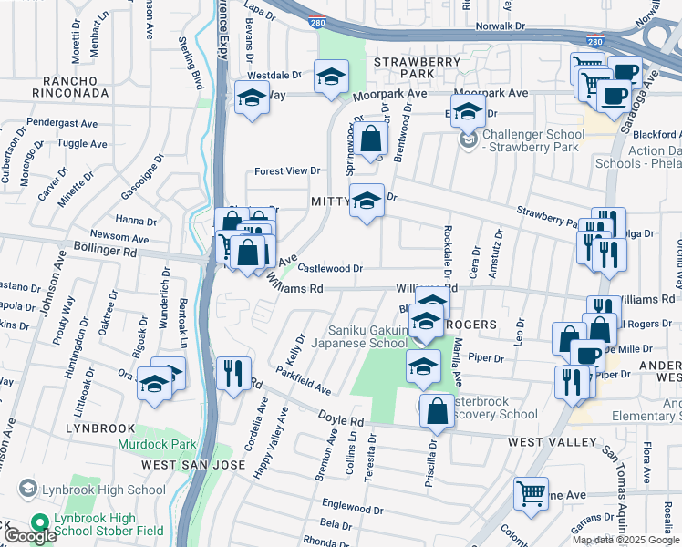 map of restaurants, bars, coffee shops, grocery stores, and more near 4977 Castlewood Drive in San Jose