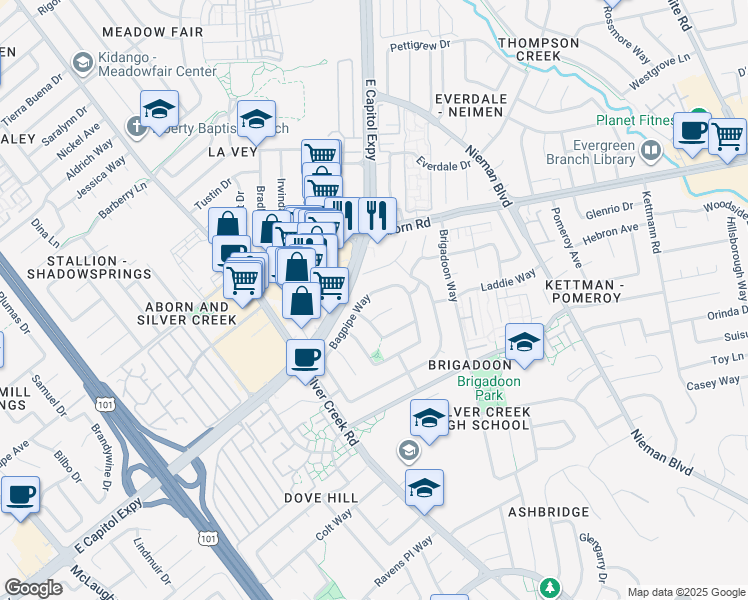 map of restaurants, bars, coffee shops, grocery stores, and more near 1868 Bagpipe Way in San Jose