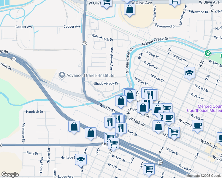 map of restaurants, bars, coffee shops, grocery stores, and more near 2433 Driftwood Drive in Merced