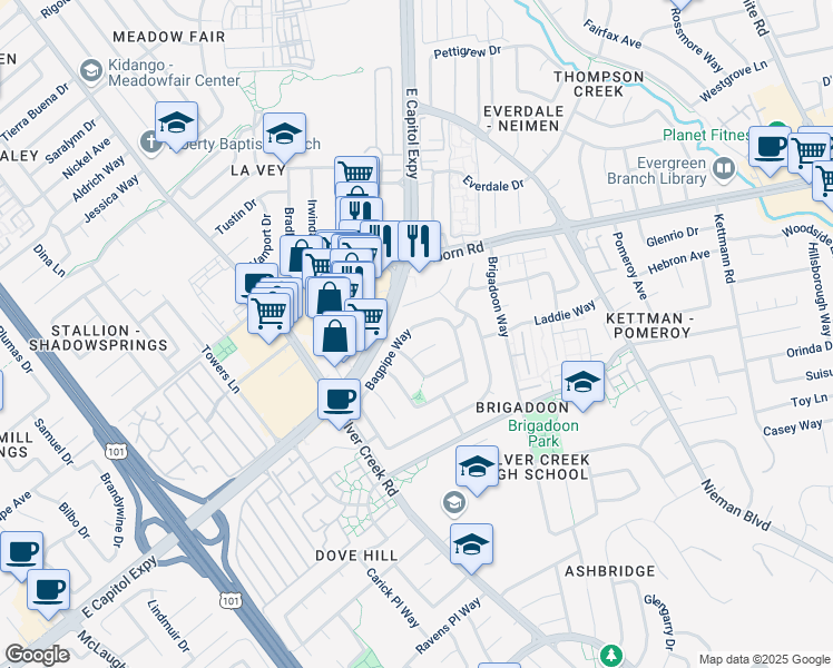 map of restaurants, bars, coffee shops, grocery stores, and more near 1868 Bagpipe Way in San Jose