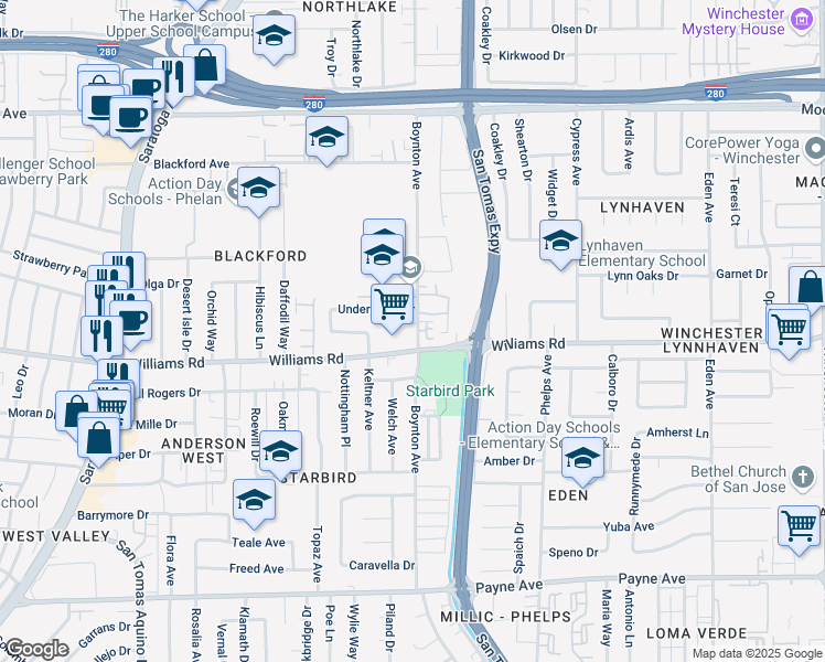 map of restaurants, bars, coffee shops, grocery stores, and more near 975 Boynton Avenue in San Jose