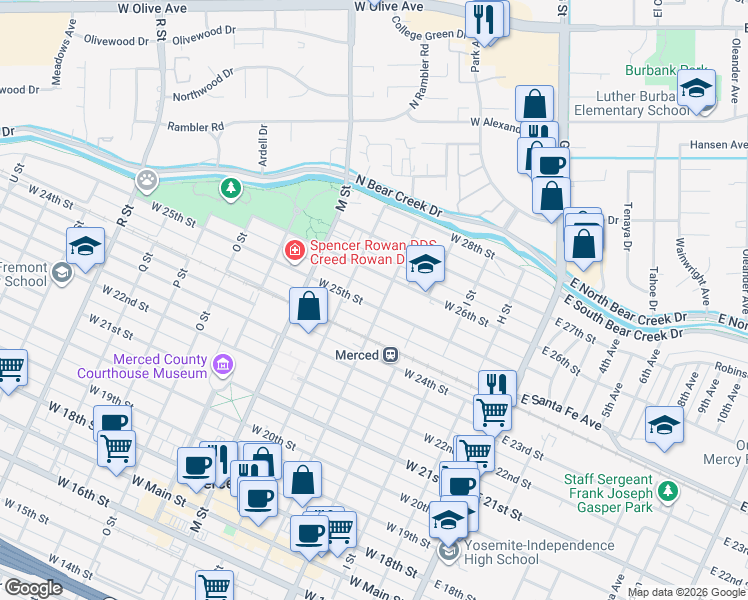 map of restaurants, bars, coffee shops, grocery stores, and more near 2527 K Street in Merced