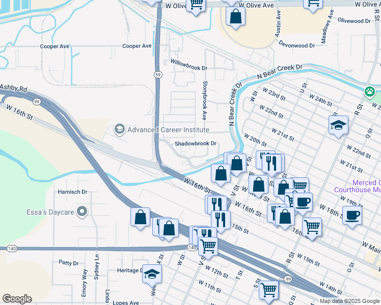 map of restaurants, bars, coffee shops, grocery stores, and more near 1624 North Bear Creek Drive in Merced