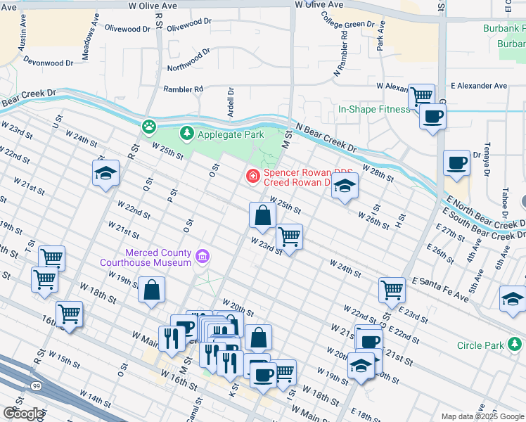 map of restaurants, bars, coffee shops, grocery stores, and more near in Merced