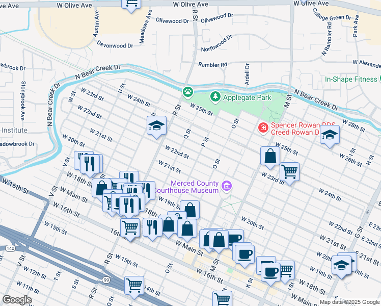 map of restaurants, bars, coffee shops, grocery stores, and more near 961 West 22nd Street in Merced