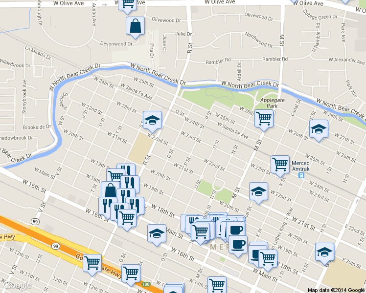 map of restaurants, bars, coffee shops, grocery stores, and more near 961 West 22nd Street in Merced