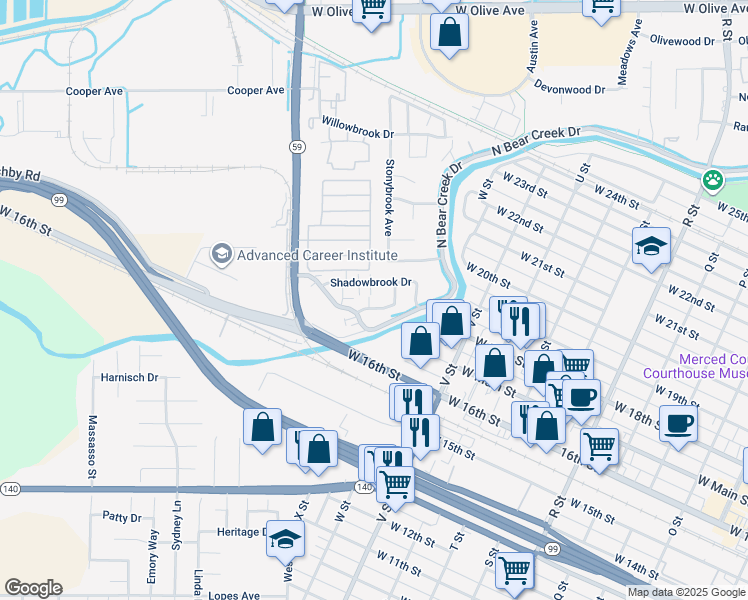 map of restaurants, bars, coffee shops, grocery stores, and more near 1932 Shadowbrook Drive in Merced