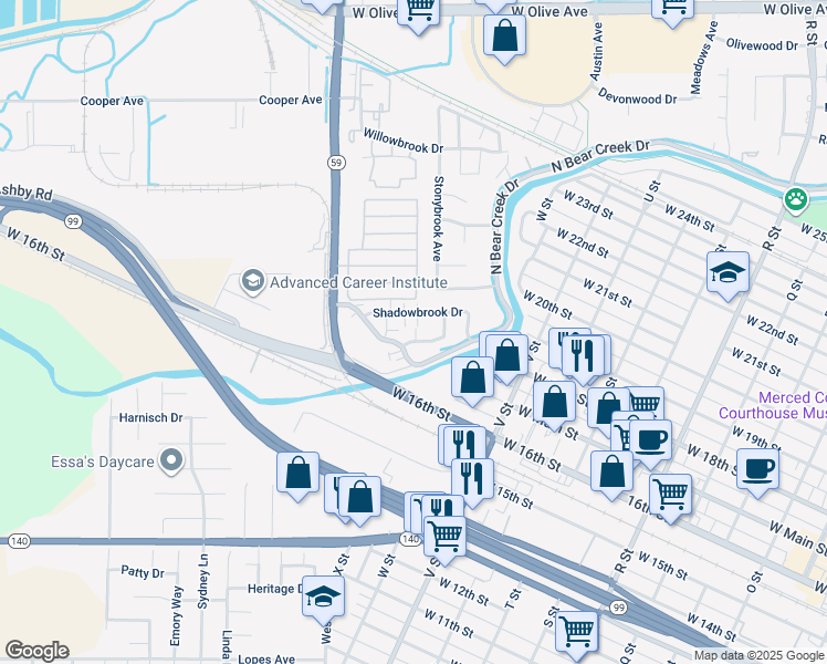 map of restaurants, bars, coffee shops, grocery stores, and more near 1932 Shadowbrook Drive in Merced