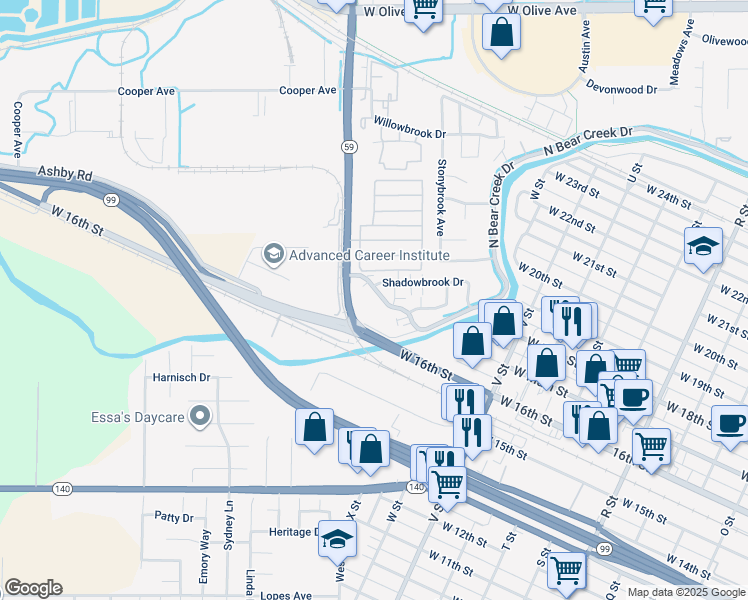 map of restaurants, bars, coffee shops, grocery stores, and more near 1785 West North Bear Creek Drive in Merced