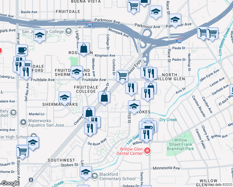 map of restaurants, bars, coffee shops, grocery stores, and more near 1590 Southwest Expressway in San Jose