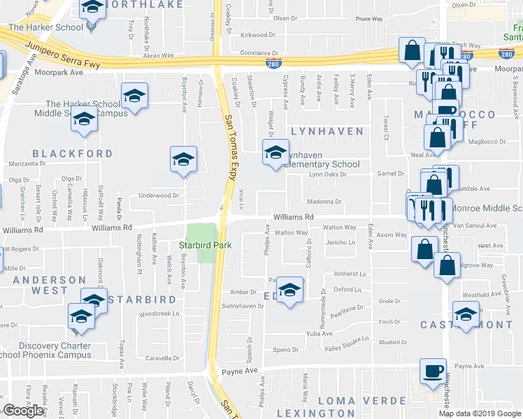 map of restaurants, bars, coffee shops, grocery stores, and more near 957 Trifone Drive in San Jose