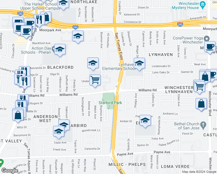 map of restaurants, bars, coffee shops, grocery stores, and more near 3675 Williams Road in San Jose