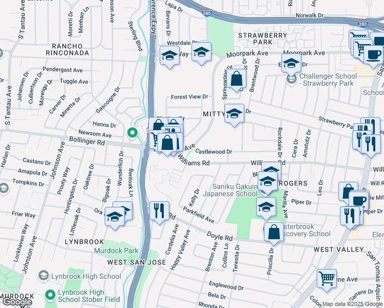 map of restaurants, bars, coffee shops, grocery stores, and more near 5098 Moorpark Avenue in San Jose