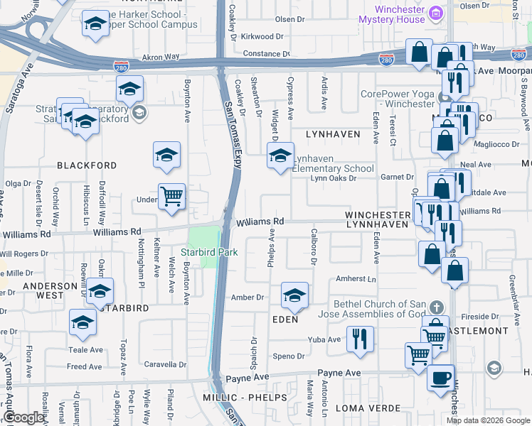 map of restaurants, bars, coffee shops, grocery stores, and more near 957 Trifone Drive in San Jose