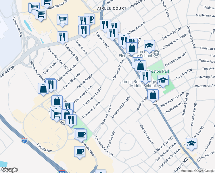 map of restaurants, bars, coffee shops, grocery stores, and more near 2712-2718 Floraland Drive Northwest in Roanoke