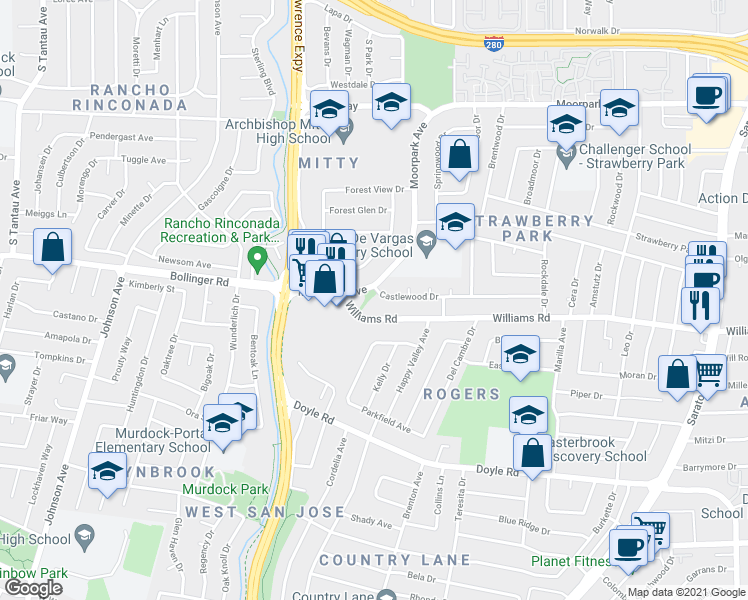 map of restaurants, bars, coffee shops, grocery stores, and more near 5098 Moorpark Avenue in San Jose