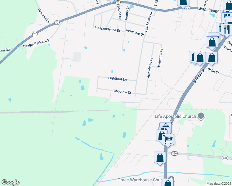 map of restaurants, bars, coffee shops, grocery stores, and more near 722 Choctaw Street in Madisonville