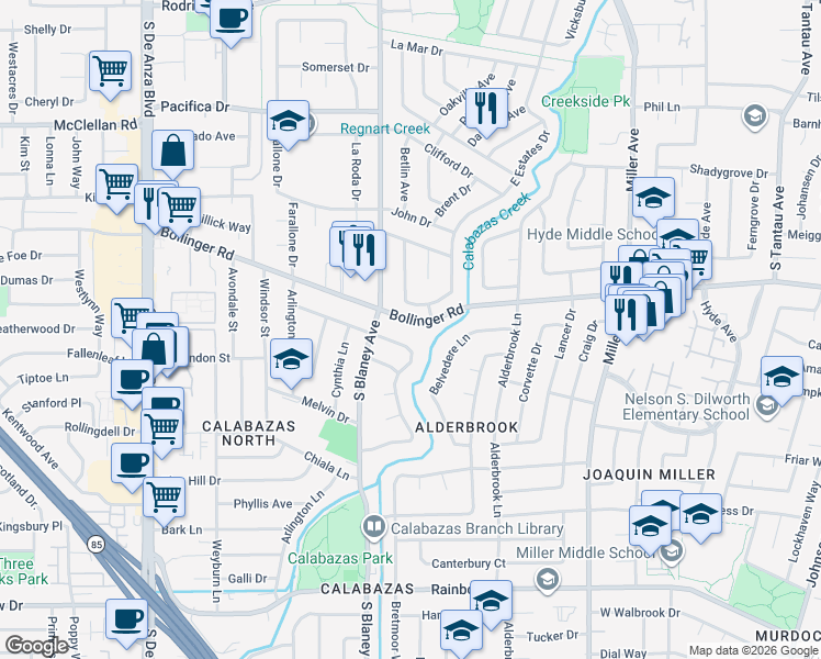 map of restaurants, bars, coffee shops, grocery stores, and more near 6722 Bollinger Road in San Jose