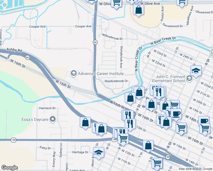 map of restaurants, bars, coffee shops, grocery stores, and more near 1656 West North Bear Creek Drive in Merced