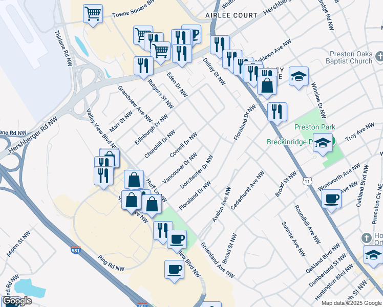 map of restaurants, bars, coffee shops, grocery stores, and more near 2614 Vancouver Drive Northwest in Roanoke
