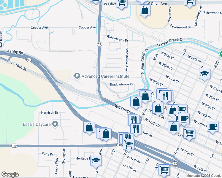 map of restaurants, bars, coffee shops, grocery stores, and more near 1785 West North Bear Creek Drive in Merced