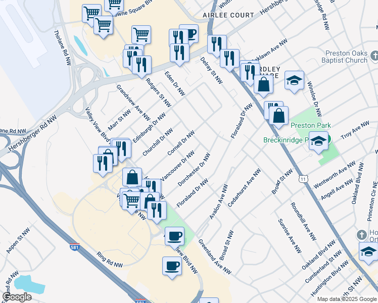 map of restaurants, bars, coffee shops, grocery stores, and more near 2614 Vancouver Drive Northwest in Roanoke