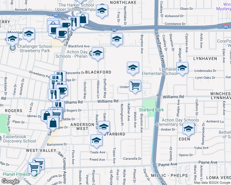 map of restaurants, bars, coffee shops, grocery stores, and more near 963 Temple Drive in San Jose