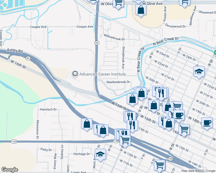 map of restaurants, bars, coffee shops, grocery stores, and more near 1662 West North Bear Creek Drive in Merced