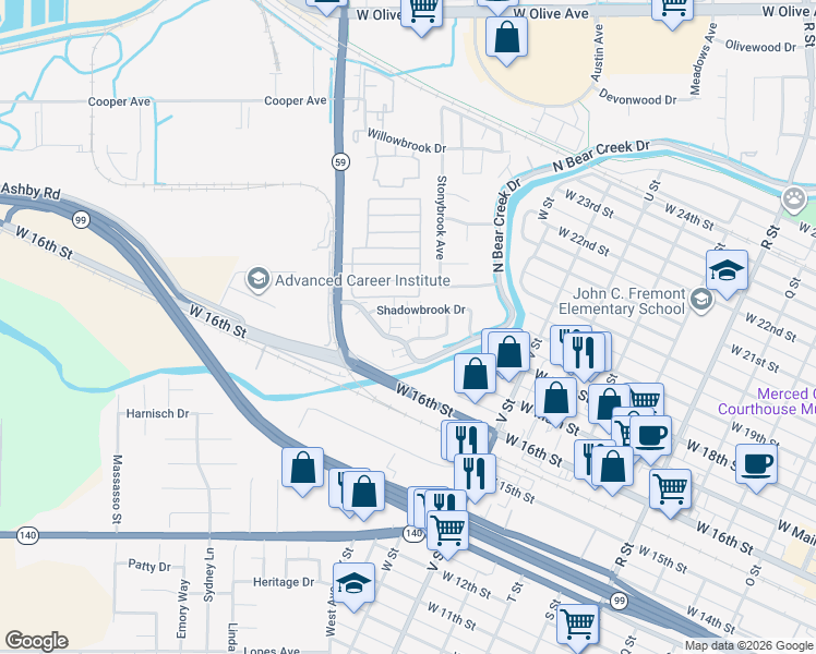map of restaurants, bars, coffee shops, grocery stores, and more near 1932 Shadowbrook Drive in Merced