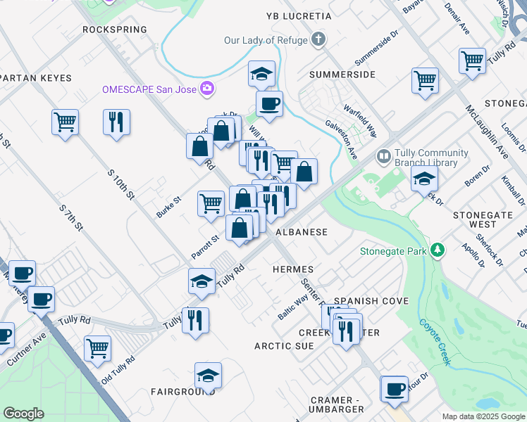 map of restaurants, bars, coffee shops, grocery stores, and more near 620 Quinn Avenue in San Jose