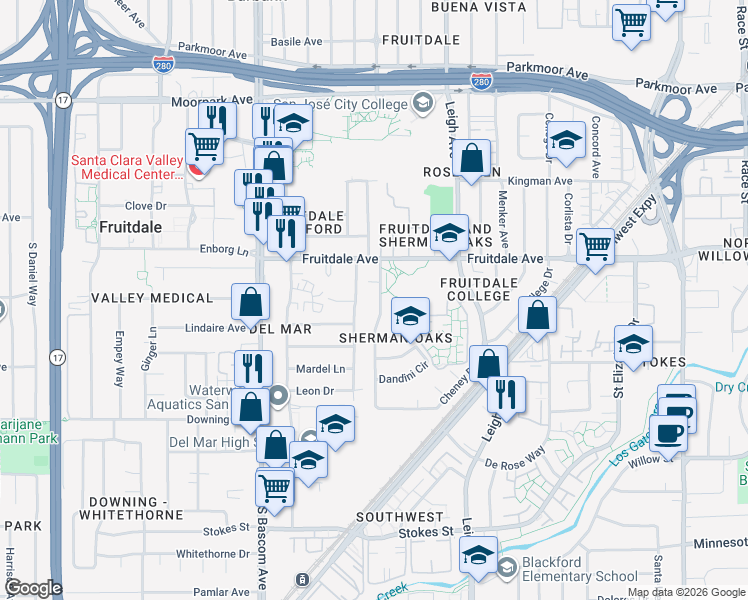 map of restaurants, bars, coffee shops, grocery stores, and more near 943 Sherman Oaks Drive in San Jose