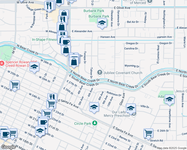 map of restaurants, bars, coffee shops, grocery stores, and more near 2810 Tahoe Drive in Merced