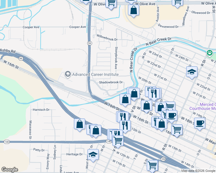 map of restaurants, bars, coffee shops, grocery stores, and more near 1620 West North Bear Creek Drive in Merced