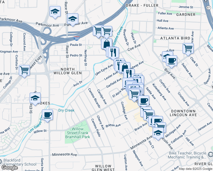 map of restaurants, bars, coffee shops, grocery stores, and more near 1169 Garfield Avenue in San Jose