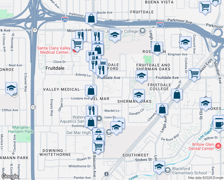map of restaurants, bars, coffee shops, grocery stores, and more near 2065 Marlboro Court in San Jose