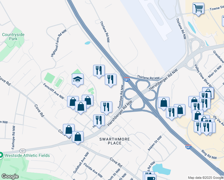 map of restaurants, bars, coffee shops, grocery stores, and more near 2801 Hershberger Road Northwest in Roanoke