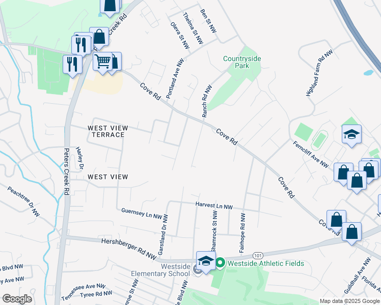 map of restaurants, bars, coffee shops, grocery stores, and more near 2106 Ranch Road Northwest in Roanoke