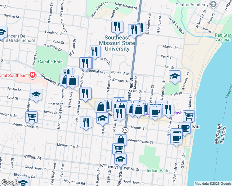 map of restaurants, bars, coffee shops, grocery stores, and more near 344 North Ellis Street in Cape Girardeau