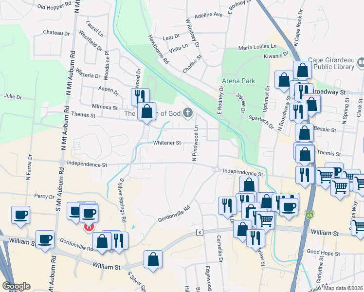 map of restaurants, bars, coffee shops, grocery stores, and more near 2825 Whitener Street in Cape Girardeau